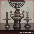 Bộ tam sự nến đồng đỏ khảm ngũ sắc song long chầu nguyệt cao 50cm