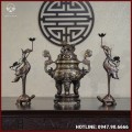 Bộ tam sự hạc đồng đỏ khảm ngũ sắc song long chầu nguyệt cao 50cm