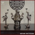 Bộ tam sự hạc đồng đỏ khảm ngũ sắc song long chầu nguyệt cao 50cm
