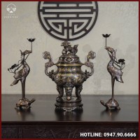 Bộ tam sự hạc đồng đỏ khảm ngũ sắc song long chầu nguyệt cao 50cm