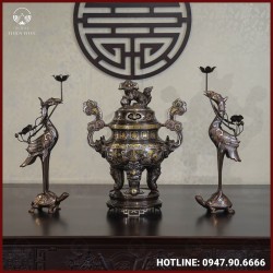 Bộ tam sự hạc đồng đỏ khảm ngũ sắc song long chầu nguyệt cao 50cm
