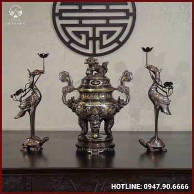 Bộ tam sự hạc đồng đỏ khảm ngũ sắc song long chầu nguyệt cao 50cm