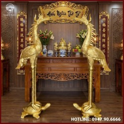 Hạc đồng thờ cúng bằng đồng vàng catut dát vàng 9999 cao 1m7