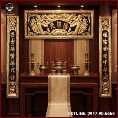 Bộ hoành phi câu đối đồng vàng giả cổ 1m97 tinh xảo