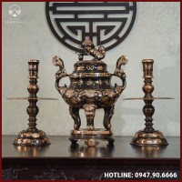 Bộ tam sự nến đồng đỏ cạo màu chạm sòi cao 60cm