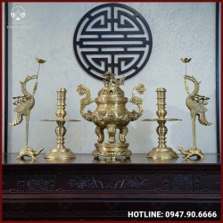 Bộ ngũ sự đồng vàng mộc song long chầu nguyệt 60cm