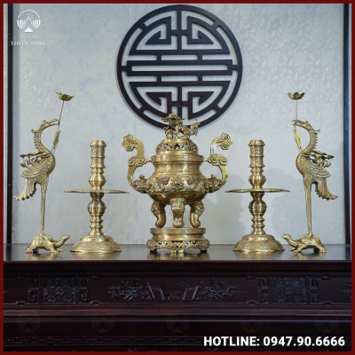 Bộ ngũ sự đồng vàng mộc song long chầu nguyệt 60cm