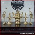 Bộ ngũ sự đồng vàng mộc song long chầu nguyệt 60cm