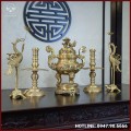 Bộ ngũ sự đồng vàng mộc song long chầu nguyệt 60cm