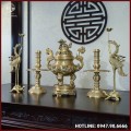 Bộ ngũ sự đồng vàng mộc song long chầu nguyệt 60cm