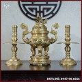 Bộ tam sự nến đồng vàng mộc song long chầu nguyệt 60cm