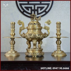 Bộ tam sự nến đồng vàng mộc song long chầu nguyệt 60cm
