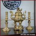 Bộ tam sự nến đồng vàng mộc song long chầu nguyệt 60cm