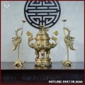 Bộ tam sự hạc đồng vàng mộc song long chầu nguyệt 60cm