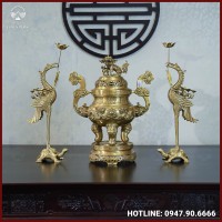 Bộ tam sự hạc đồng vàng mộc song long chầu nguyệt 60cm