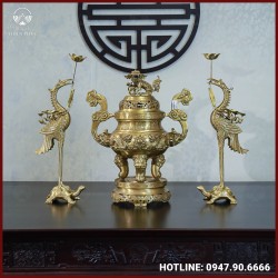Bộ tam sự hạc đồng vàng mộc song long chầu nguyệt 60cm