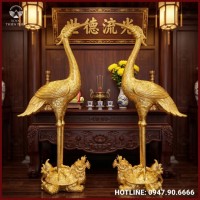 Đôi hạc thờ cỡ lớn đúc bằng đồng đỏ thếp vàng 9999 cao 2m02