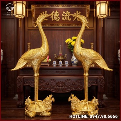Đôi hạc thờ cỡ lớn đúc bằng đồng đỏ thếp vàng 9999 cao 2m02