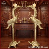 Đôi hạc thờ ngậm sen bằng đồng vàng cattut cao 2m2
