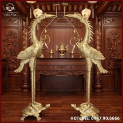 Đôi hạc thờ ngậm sen bằng đồng vàng cattut cao 2m2