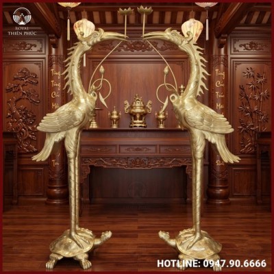 Đôi hạc thờ ngậm sen bằng đồng vàng cattut cao 2m2