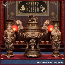 Đỉnh đồng đỏ cỡ lớn chạm song long quai mây hóa long