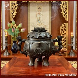 Lư đốt trầm bằng đồng vàng hun nâu nắp hoa sen