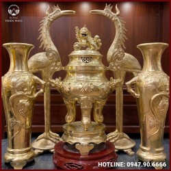 Đỉnh Mao Rồng Kích Thước Lớn Bằng Đồng Vàng Catut Chạm Hoa Sòi