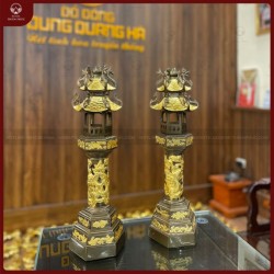 Đèn thờ cúng đồng đỏ dát điểm vàng cao 69cm