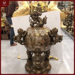 Đỉnh thất lân vờn cầu bằng đồng đỏ khảm tam khí cao 1m15