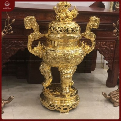 Đỉnh đồng cỡ lớn song long chầu nguyệt mạ vàng 