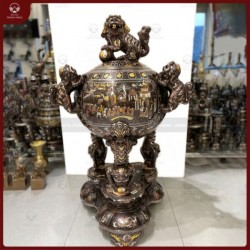 Đỉnh thất lân vờn cầu đồng đỏ khảm ngũ sắc