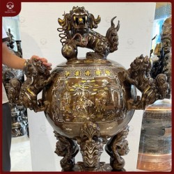 Đỉnh thất lân vờn cầu khảm ngũ sắc cao 1m17 khảm 11 chữ vàng 9999