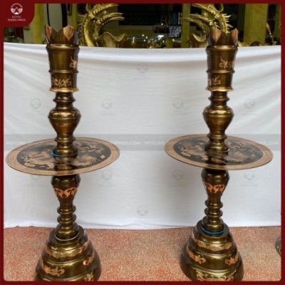 Đôi chân nến đồng đỏ cạo màu cỡ lớn chạm long phụng