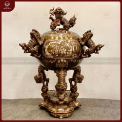 Đỉnh cầu thất lân khảm tam khí cao 90cm họa tiết tranh vinh quy bái tổ