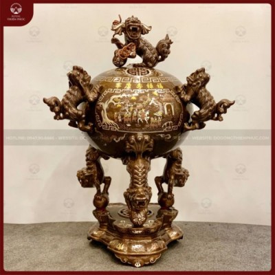 Đỉnh cầu thất lân khảm tam khí cao 90cm họa tiết tranh vinh quy bái tổ