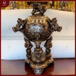 Đỉnh thất lân vờn cầu đồng đỏ khảm họa tiết vinh quy bái tổ cao 90cm