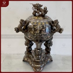 Đỉnh đồng thất lân vờn cầu khảm ngũ sắc, khảm 11 chữ vàng cao 90cm