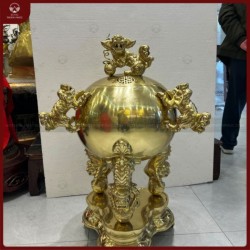 Đỉnh thất lân vờn cầu độc đáo bằng đồng vàng catut cao 90cm