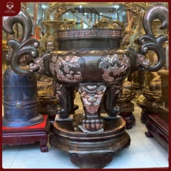 Lư hương đồng đỏ cạo màu họa tiết tranh tứ quý cao 1m2, nặng 210kg