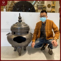 Lư hương hóa vàng đồng vàng thúc tay hun giả cổ cao 95cm