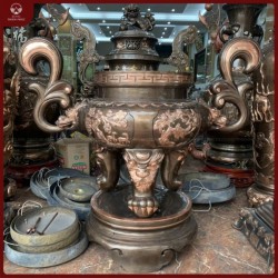 Lư hương đồng đỏ tranh tứ quý kích thước lớn