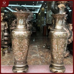 Đôi lộc bình phong thủy bằng đồng đỏ khảm tam khí cao 