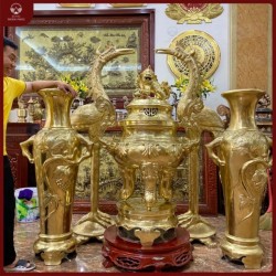 Bộ đồ thờ cúng cao cấp bằng catut: hạc - đỉnh - lọ lộc bình