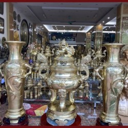Bộ đồ thờ cúng cao cấp bằng đồng catut: đỉnh mao rồng - lọ lộc bình
