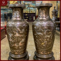 Đôi lộc bình đồng đỏ khảm tam khí long phụng