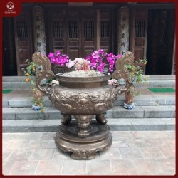 Lư hương cỡ lớn đồng đỏ mộc song long chầu nguyệt