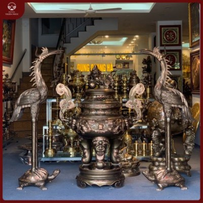 Đôi hạc đồng đỏ cánh cụp làm màu cao 1m7