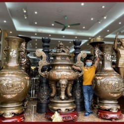 Lọ lộc bình phong thủy tai voi cao 1m8 đồng đỏ khảm tam khí