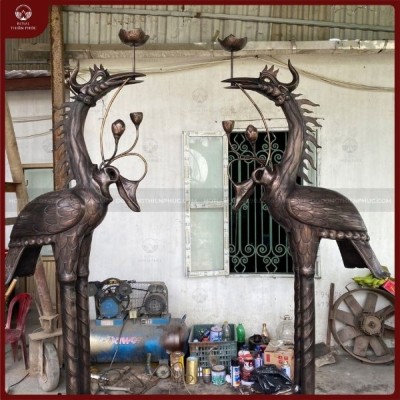 Hạc ngậm sen cỡ lớn đồng đỏ làm màu giả cao 2m2